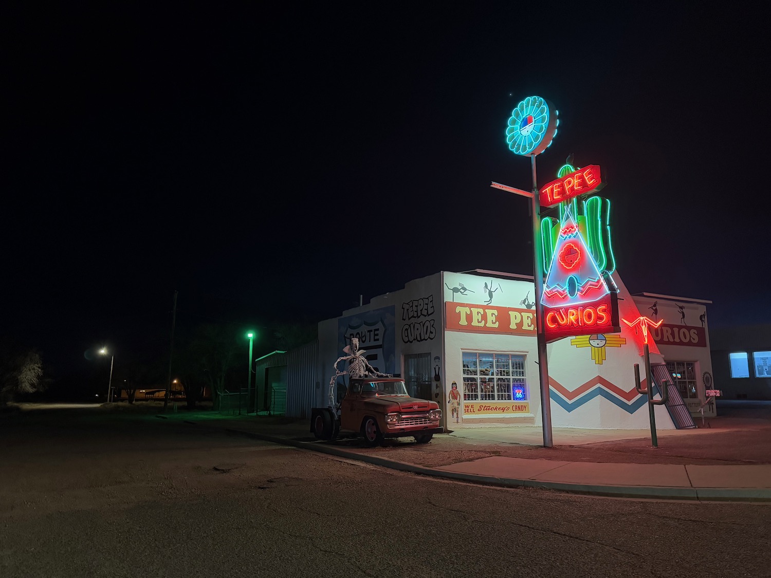 a building with neon signs