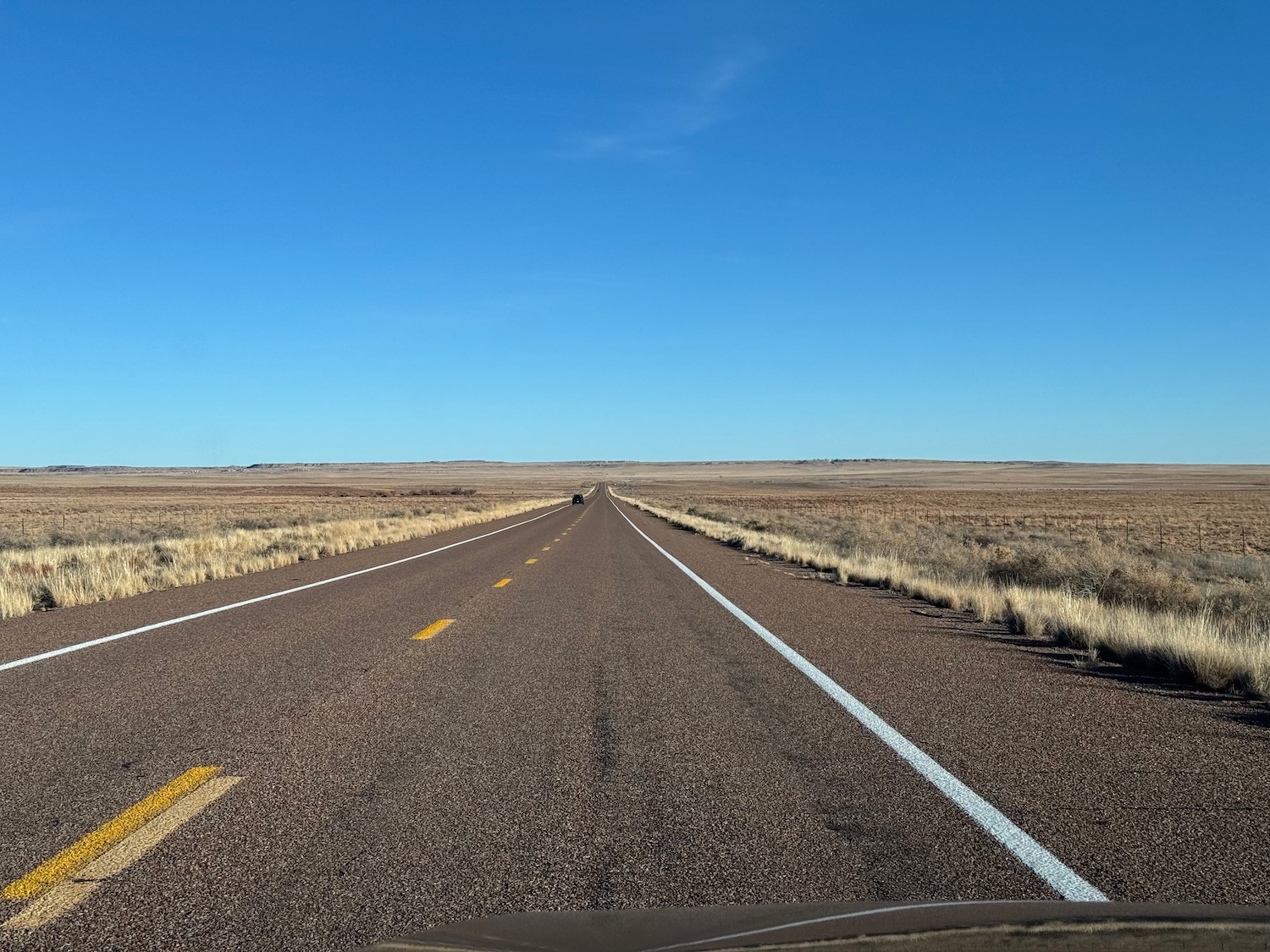 a road with a car driving through the middle of the desert with Nullarbor Plain in the background