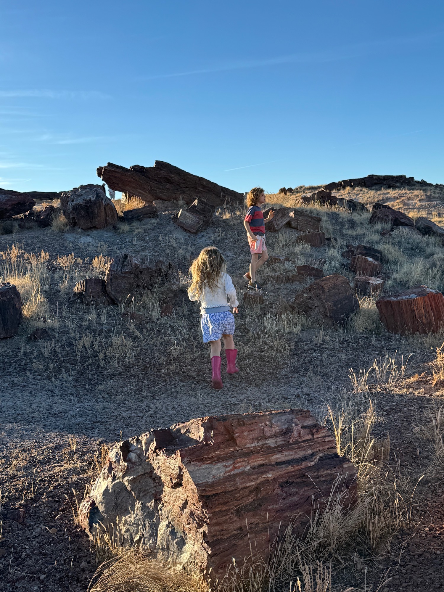 two girls walking on a rocky hill