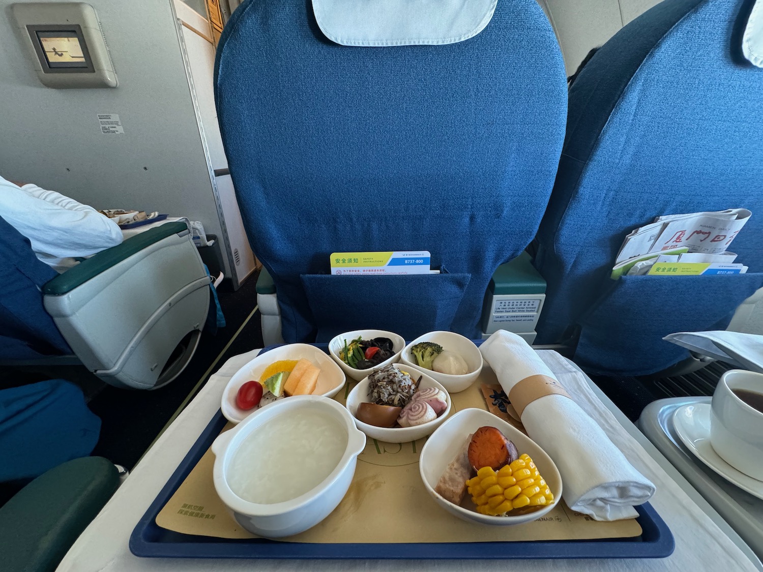 a tray of food on a plane