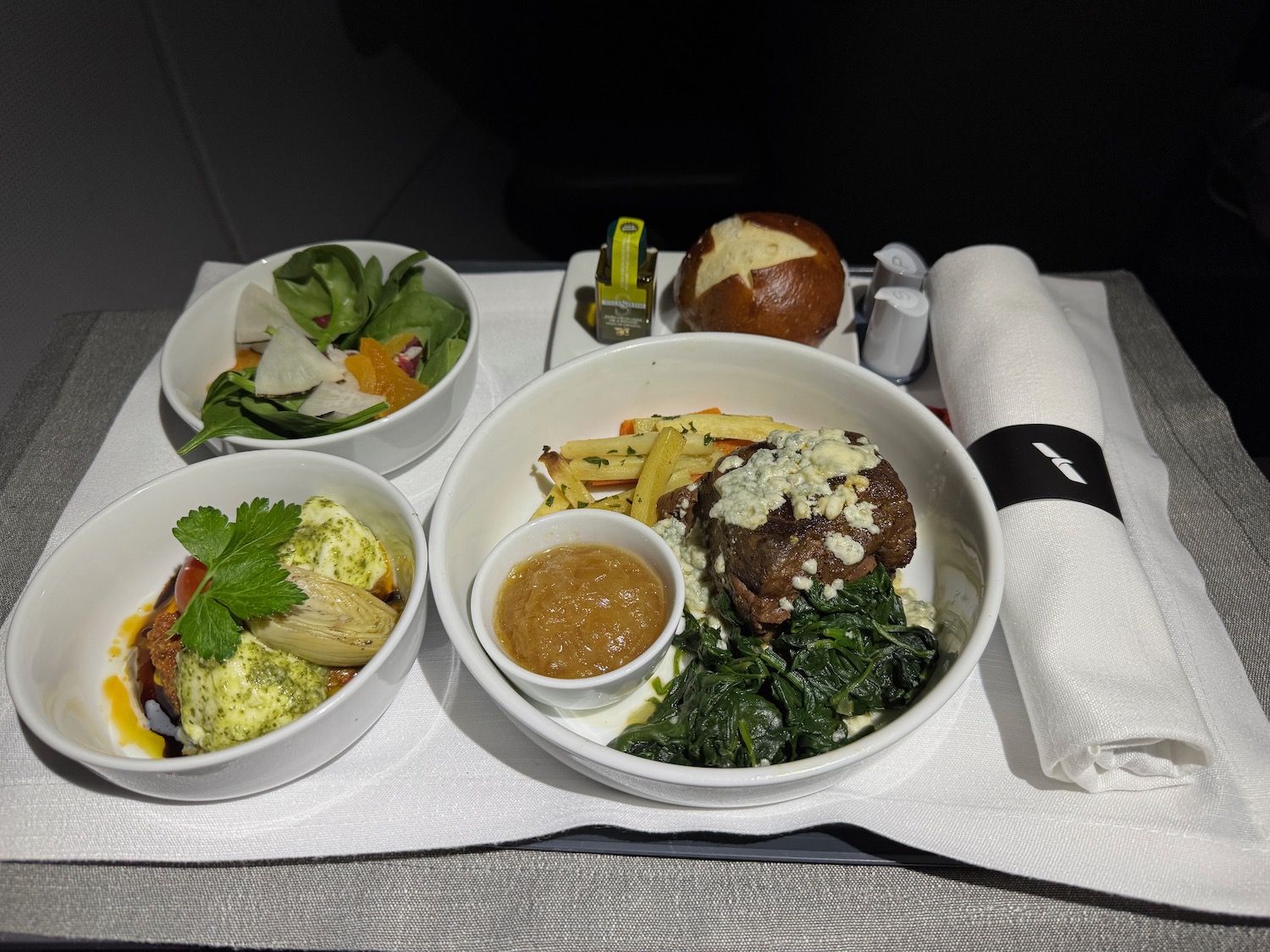 a plate of food on a tray