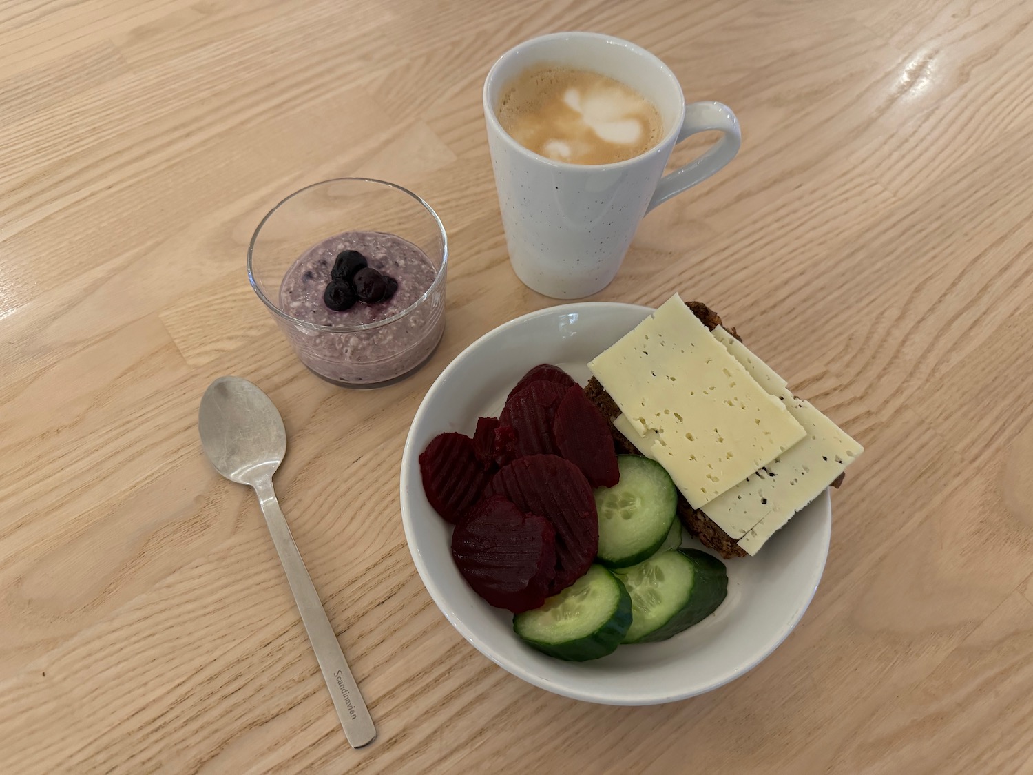 a plate of food and a cup of coffee