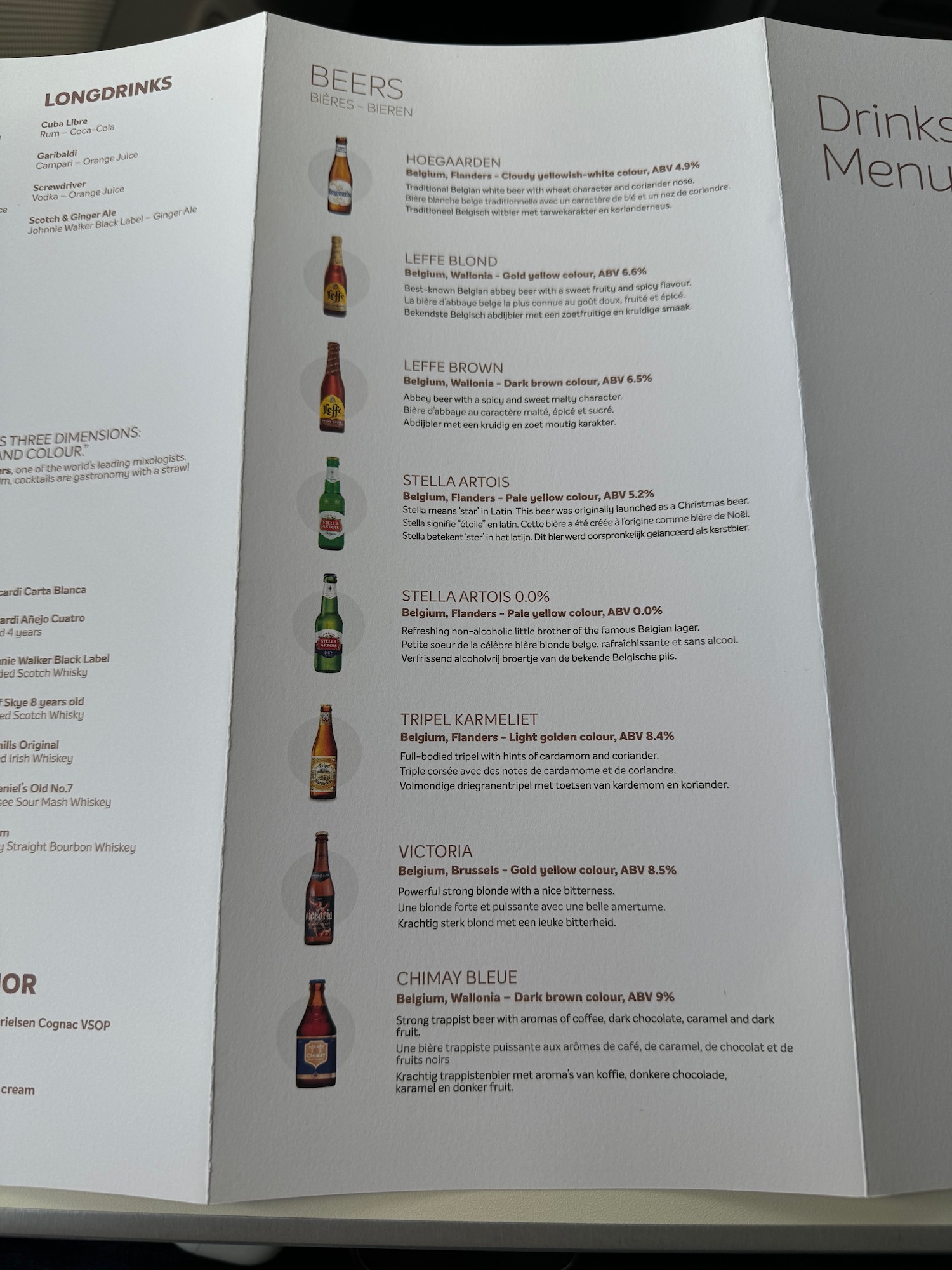 a menu with bottles of beer