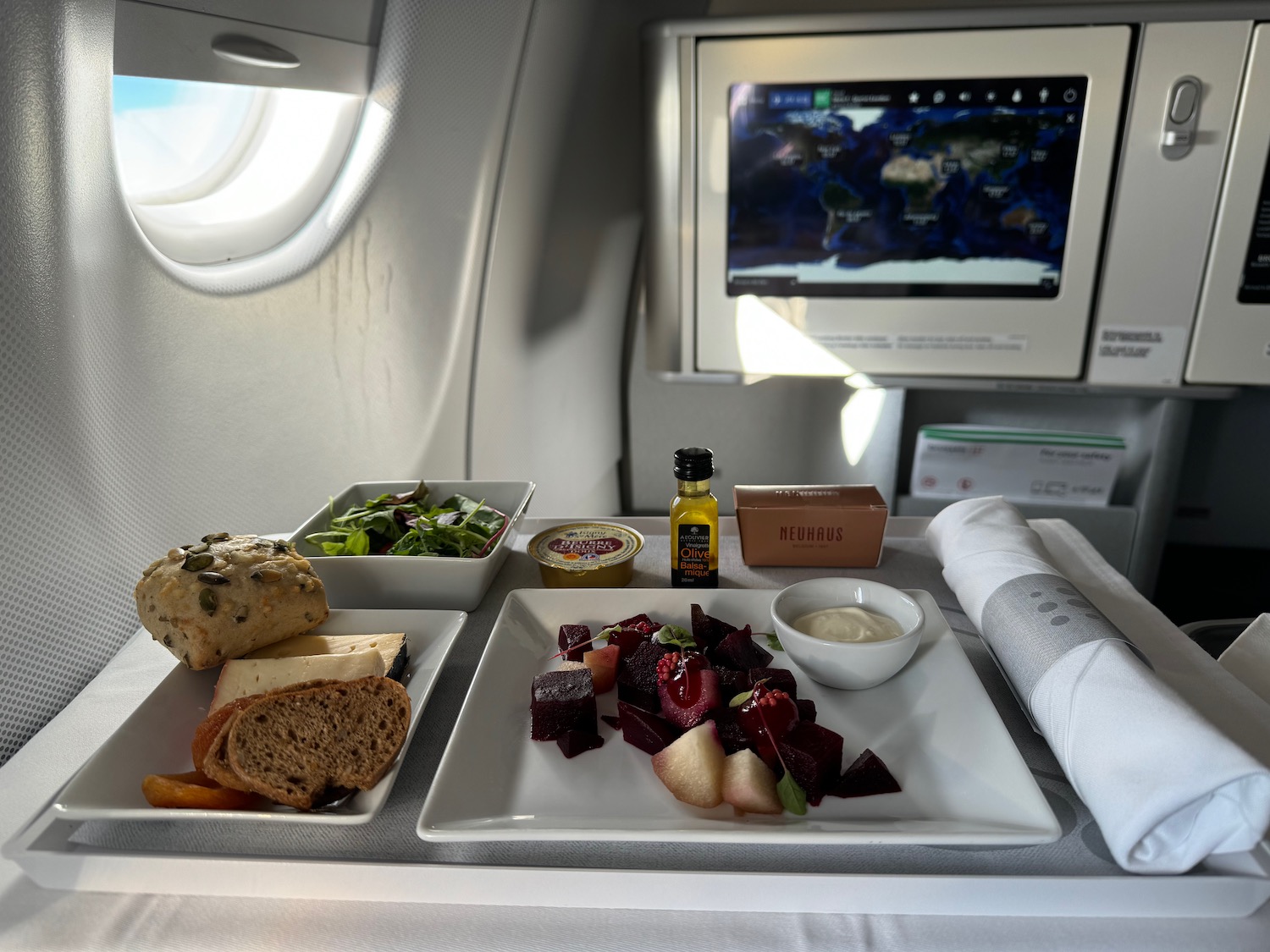 a plate of food on a plane