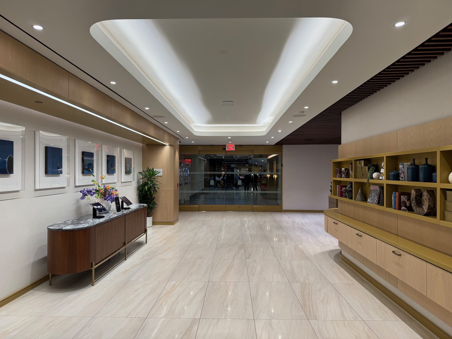 a lobby with a large glass door