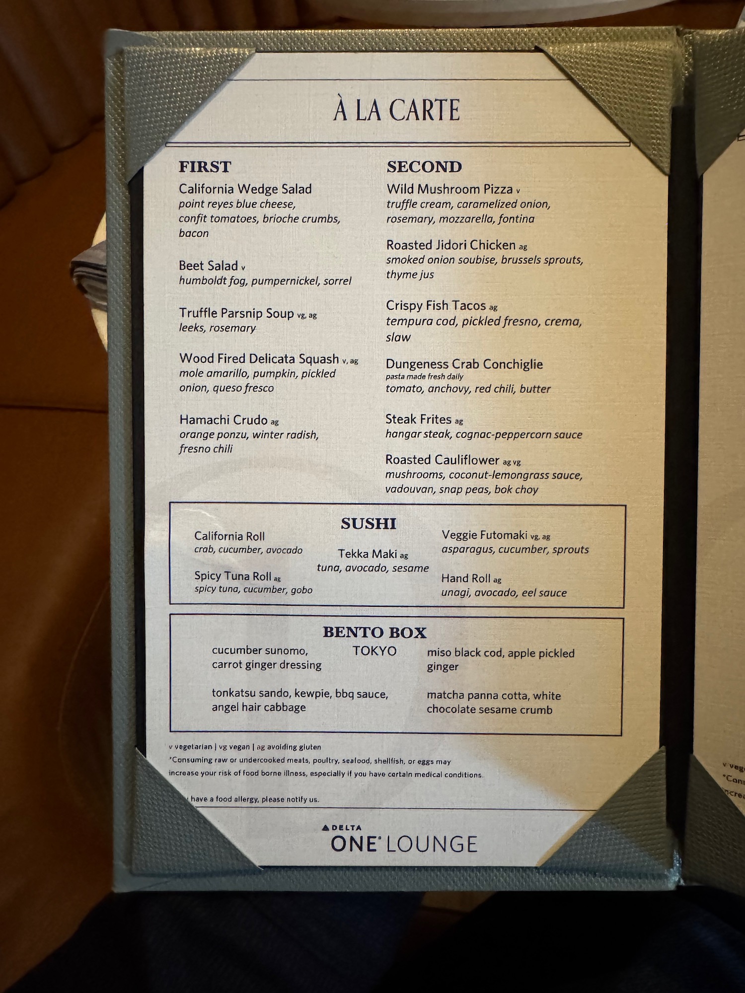 a menu with black text and white text