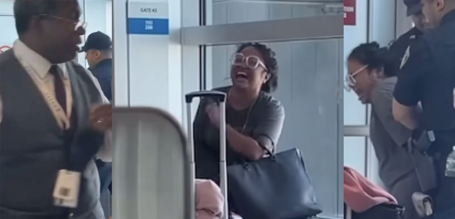 a woman laughing while holding a bag