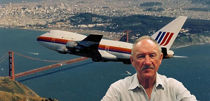 a man taking a selfie with a plane flying over the water