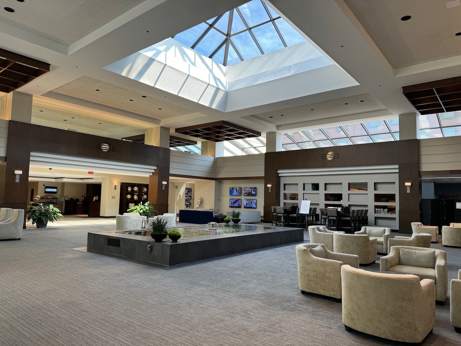 a large room with a skylight