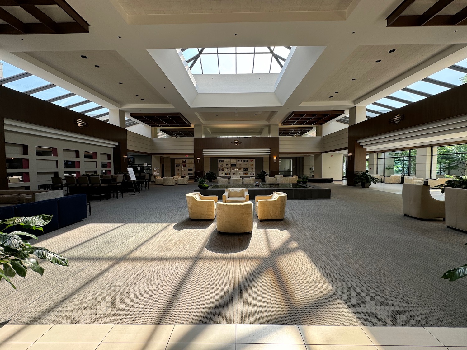 a large room with a large skylight