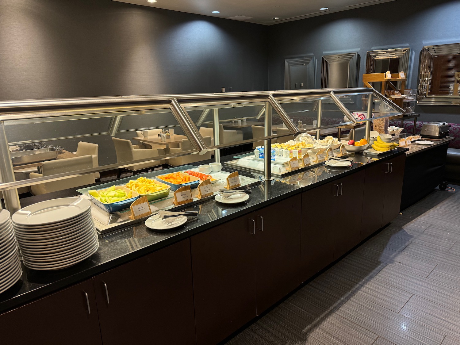 a buffet line with food on it