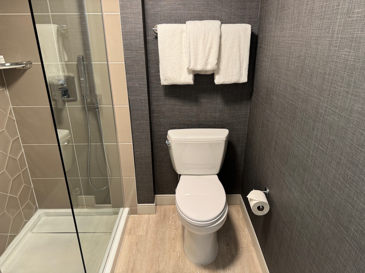 a bathroom with a shower and toilet