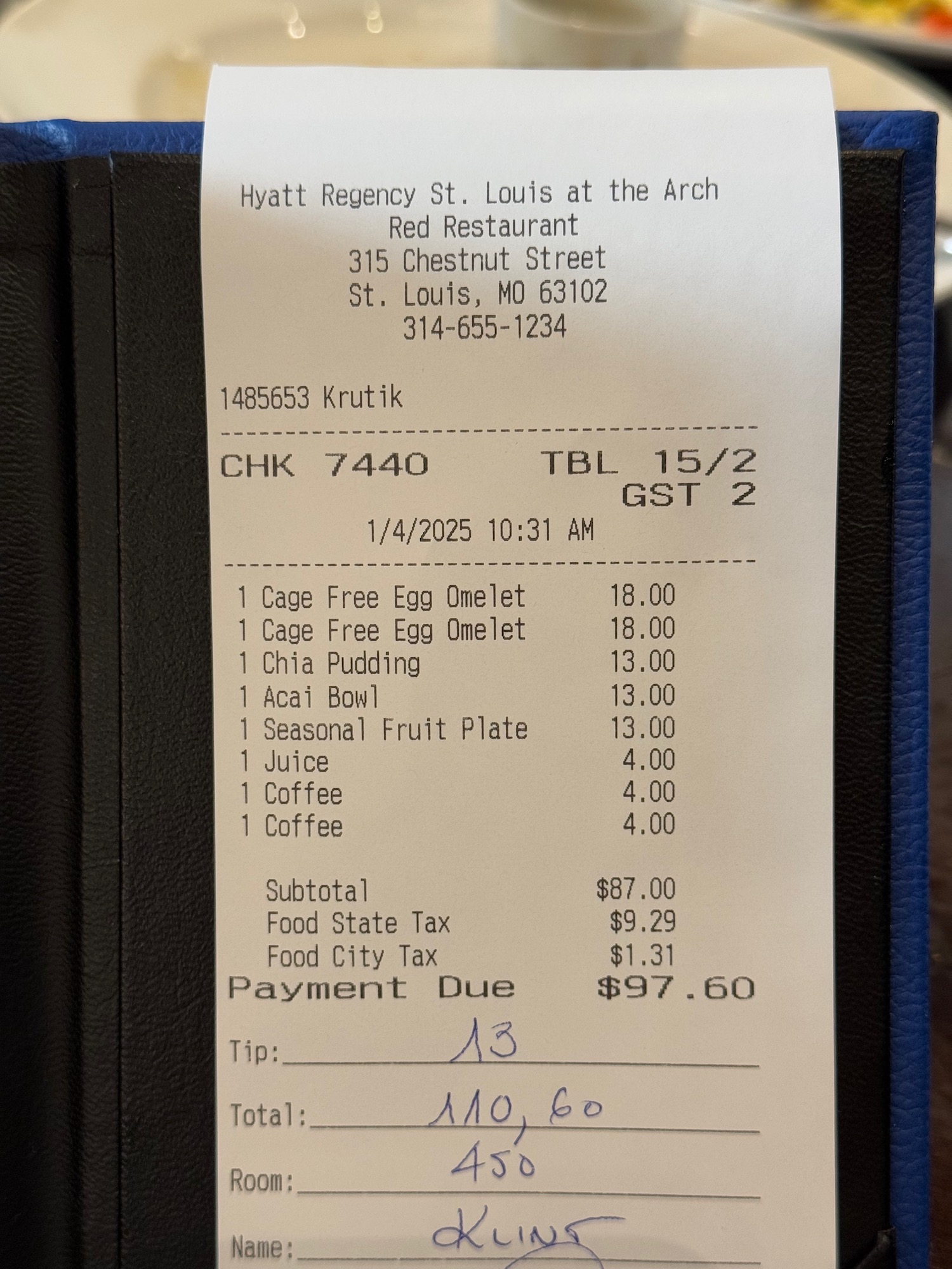 a receipt on a restaurant