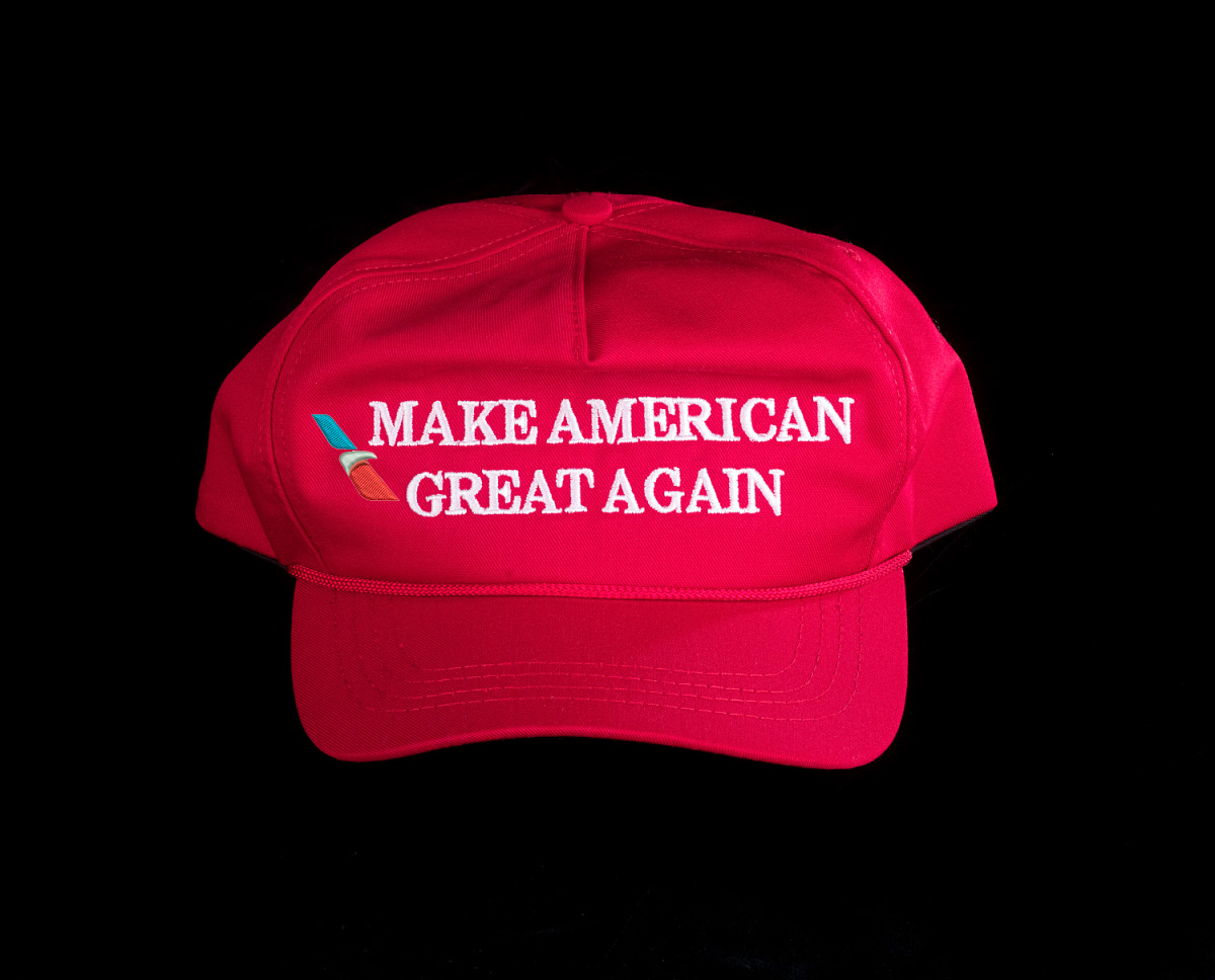 a red hat with white text on it