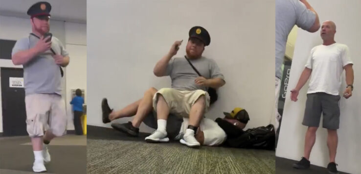 Man Uses Resting Man As Seat SFO