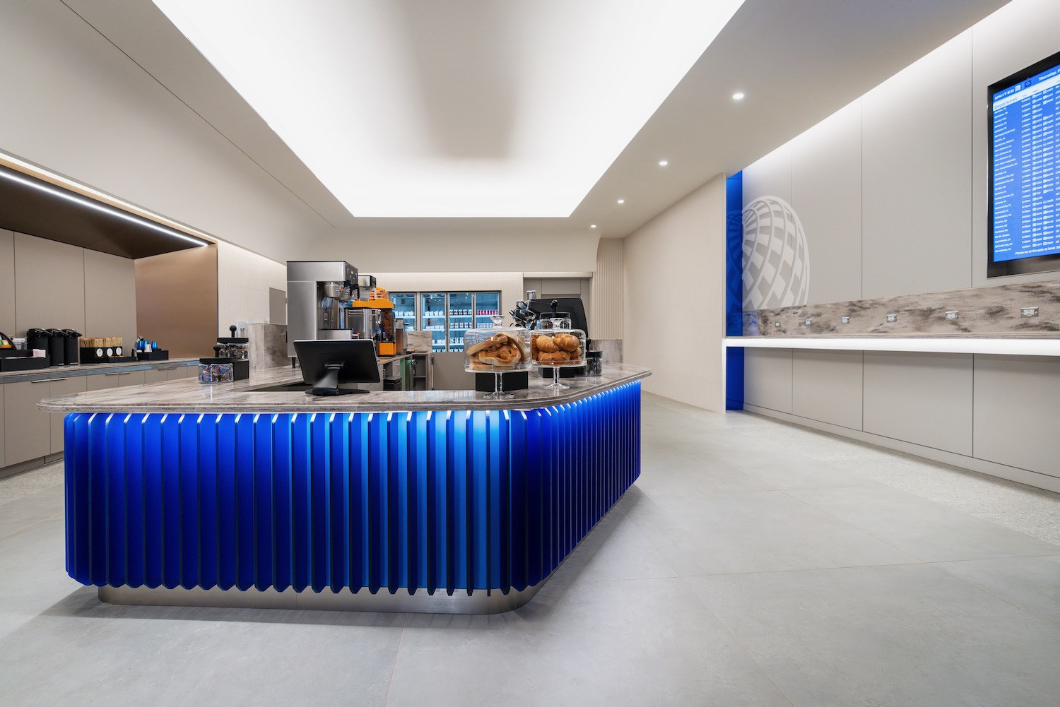 a blue and white counter in a building