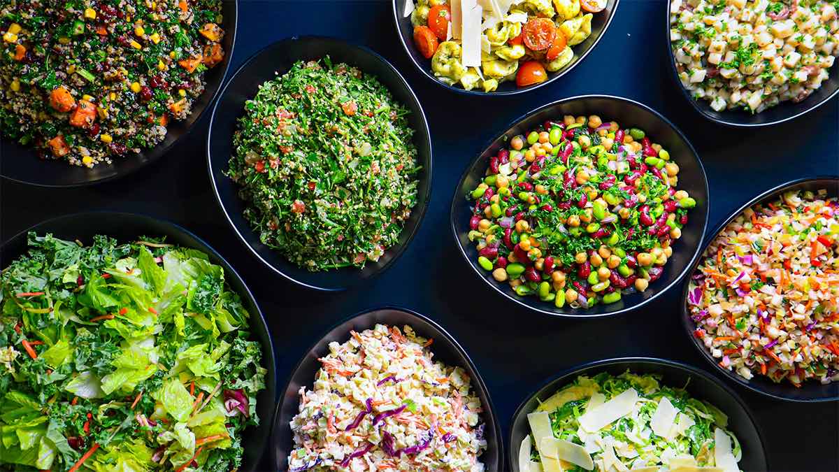 a group of bowls of food