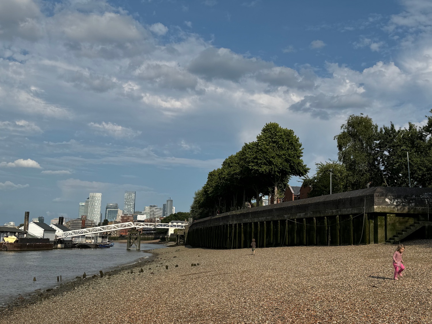 a beach with a bridge and trees