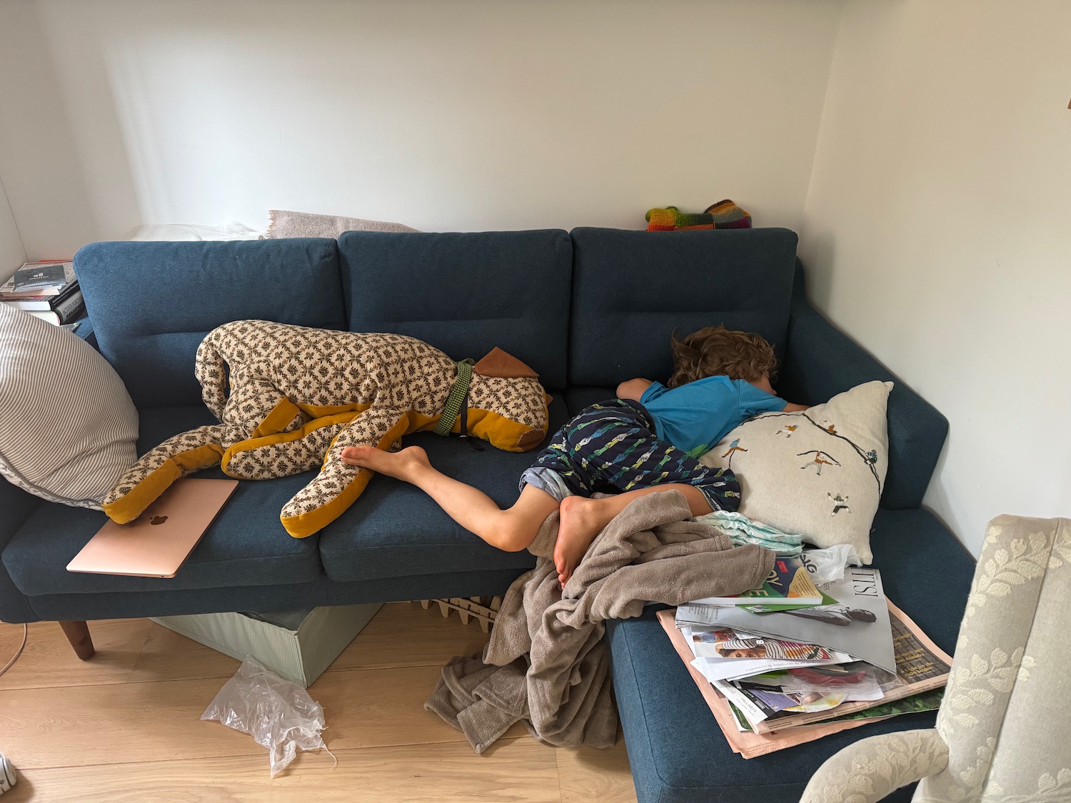 a boy sleeping on a couch with a stuffed animal