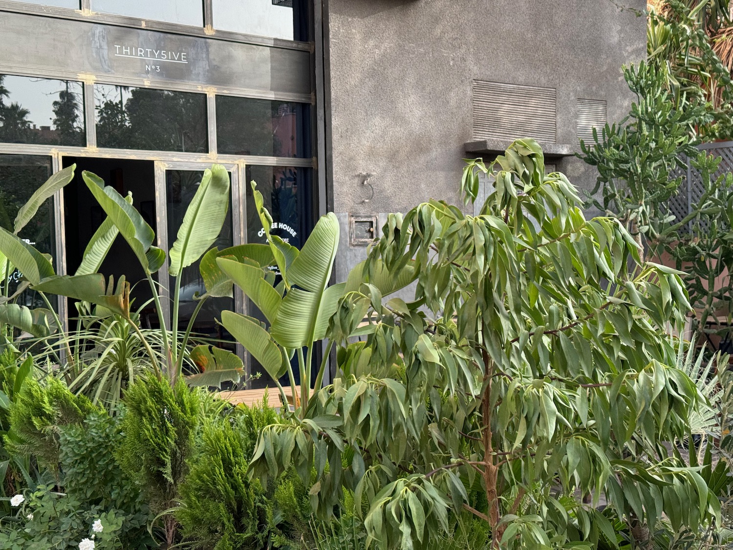 a building with plants and trees