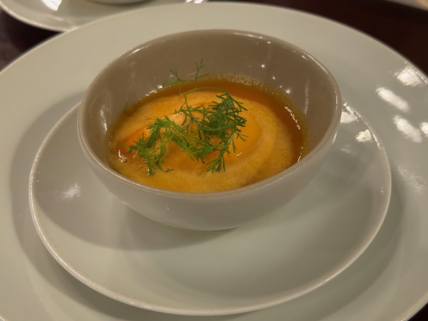 a bowl of soup with a sprig of dill on a plate