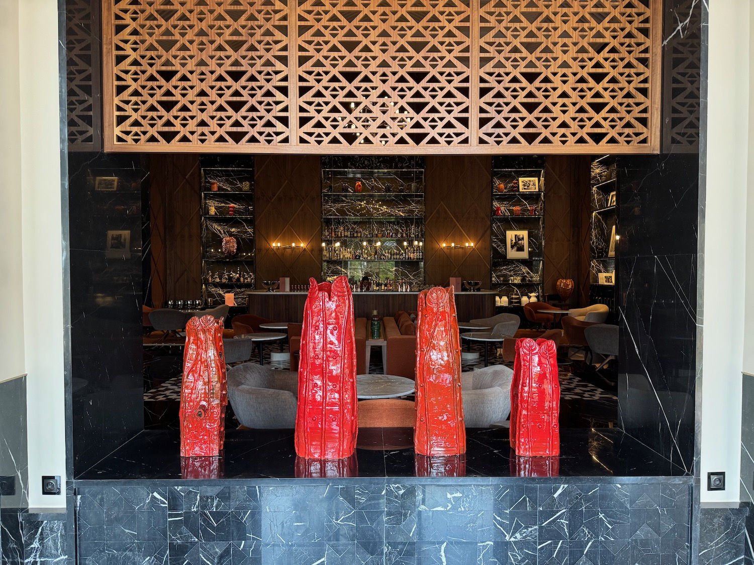 a room with a large red bag
