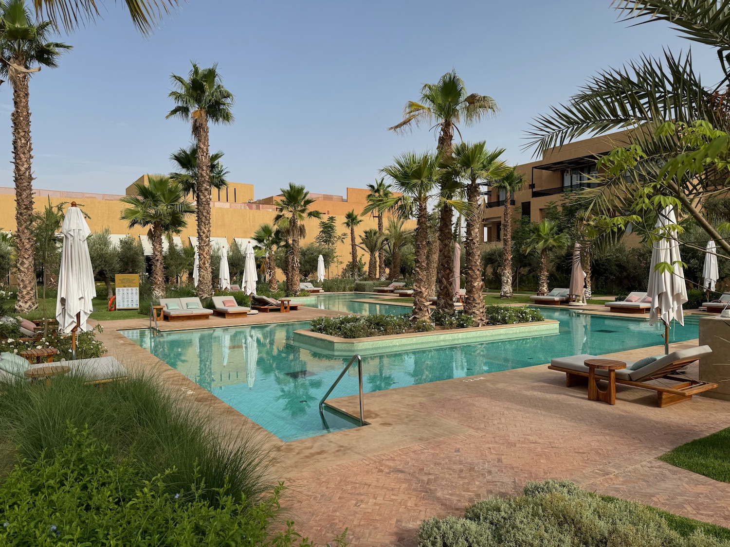 a pool with lounge chairs and palm trees