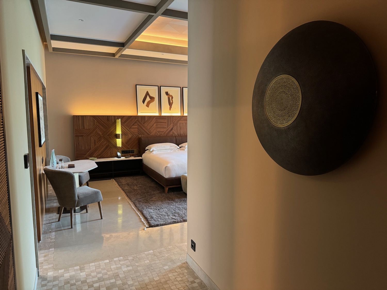 a room with a bed and a table