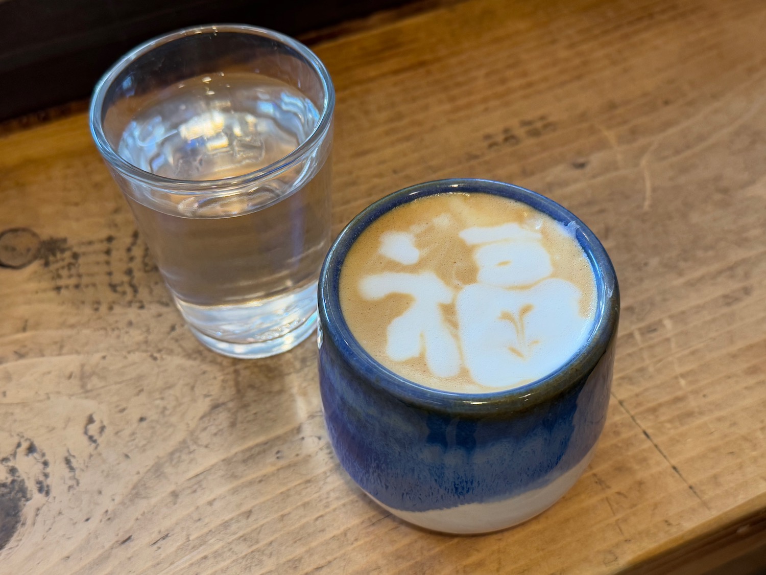 a cup of coffee and a glass of water