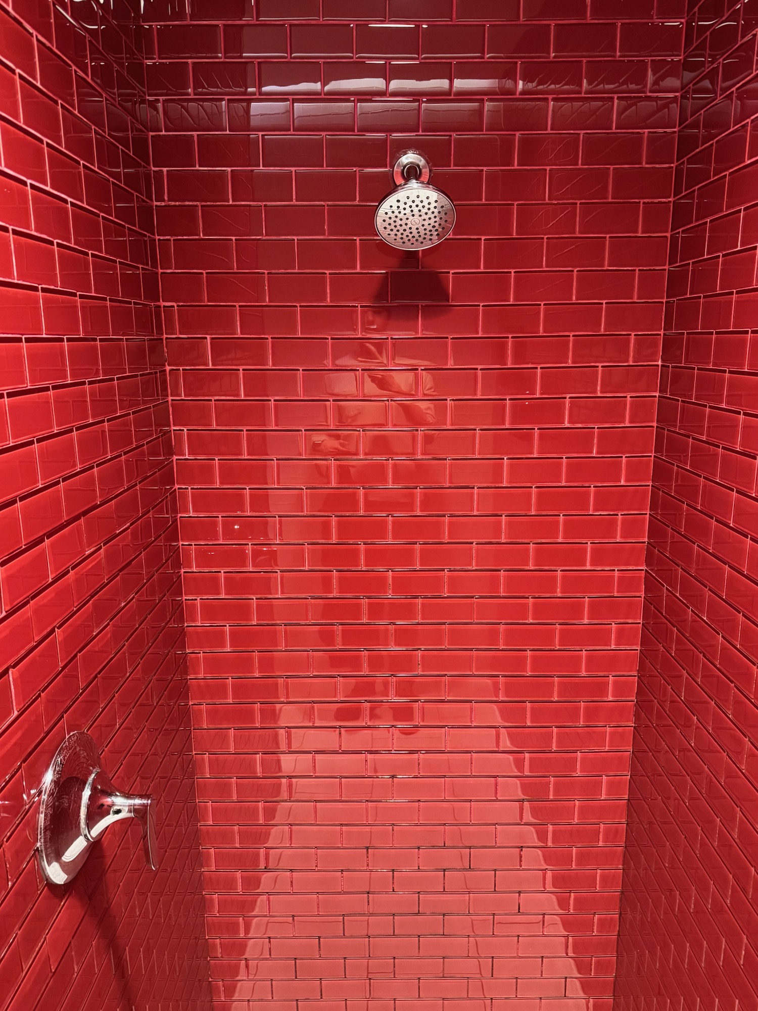a shower with a red tile wall