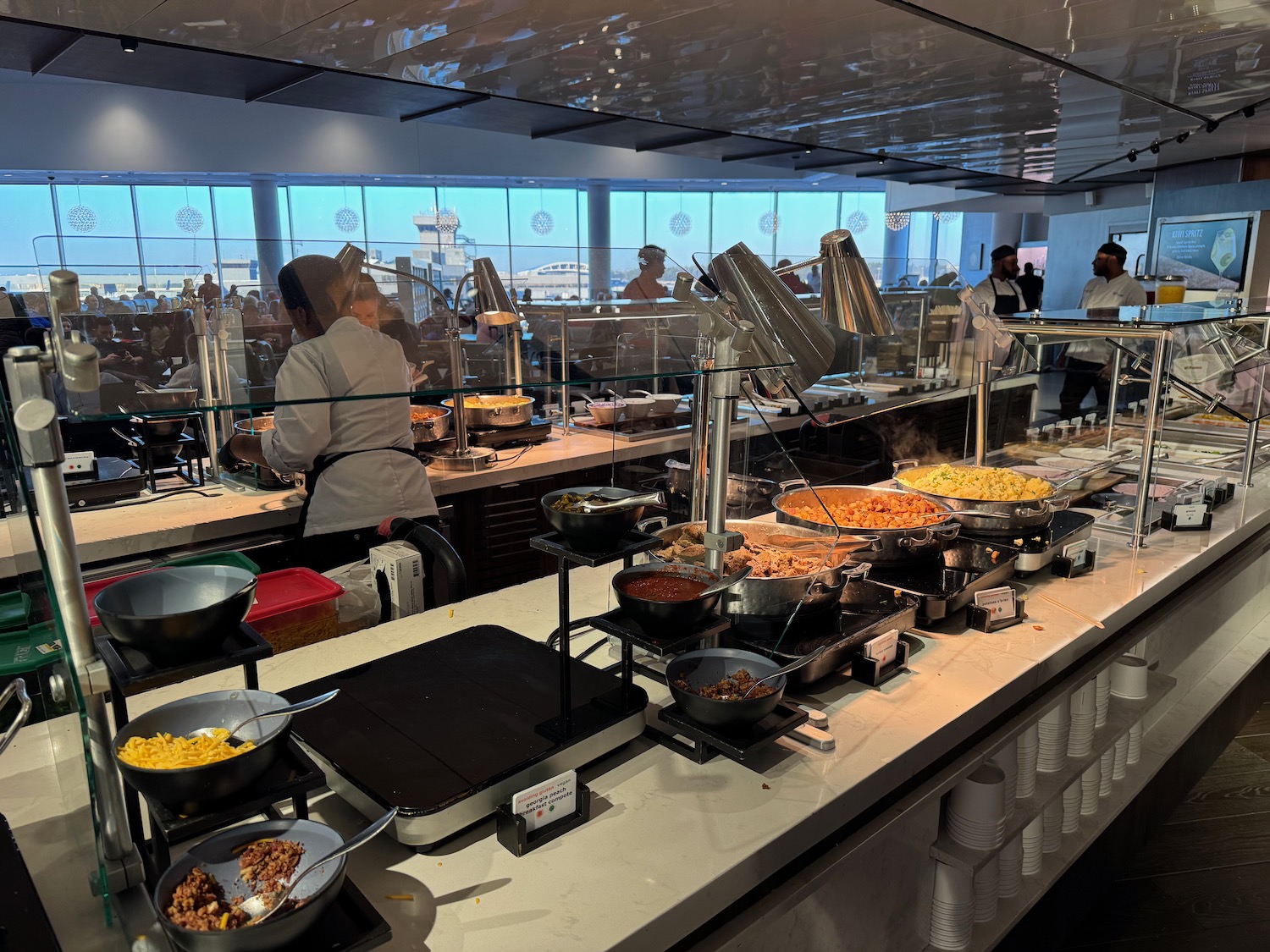 a buffet with many food on it