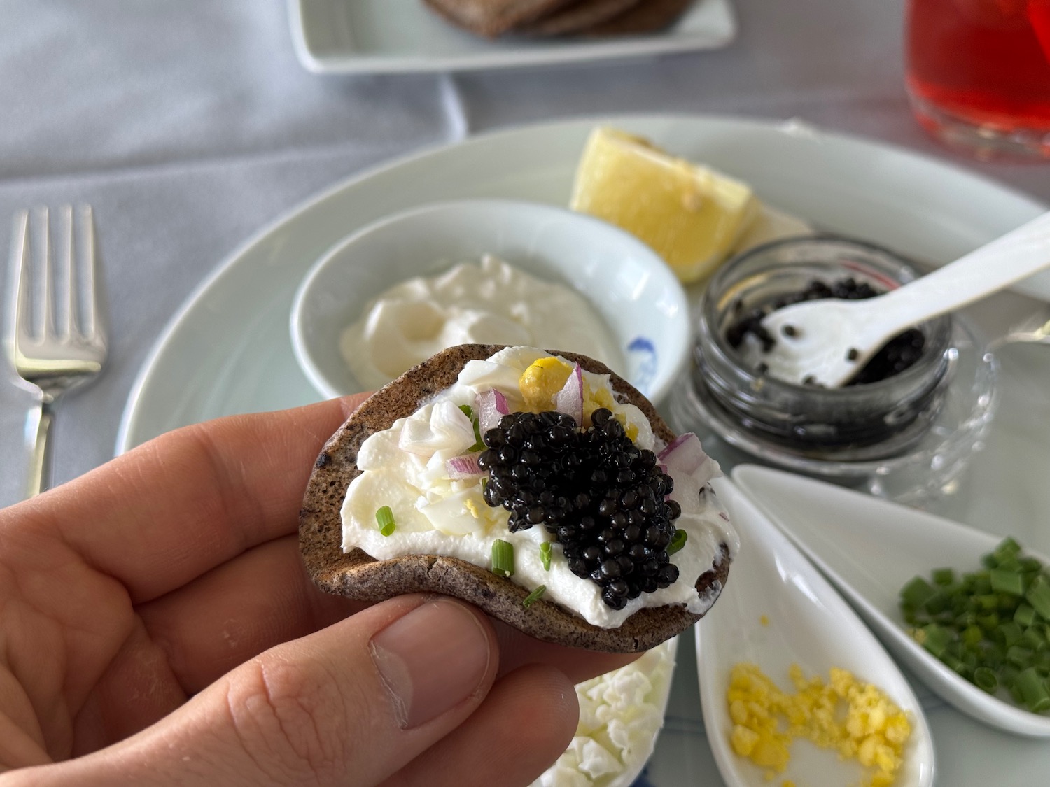 a hand holding a piece of bread with black caviar on it
