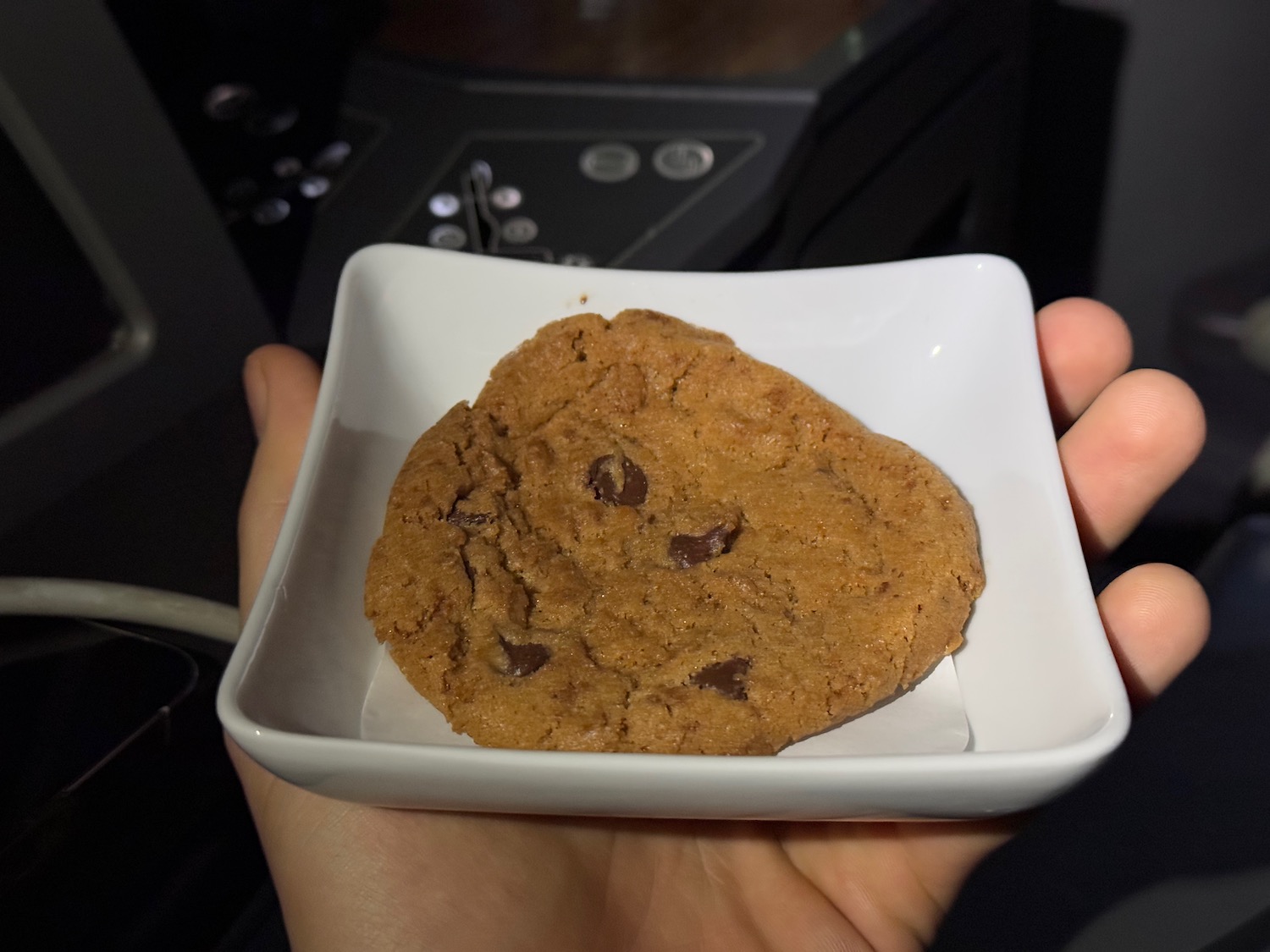 a hand holding a plate of chocolate chip cookie