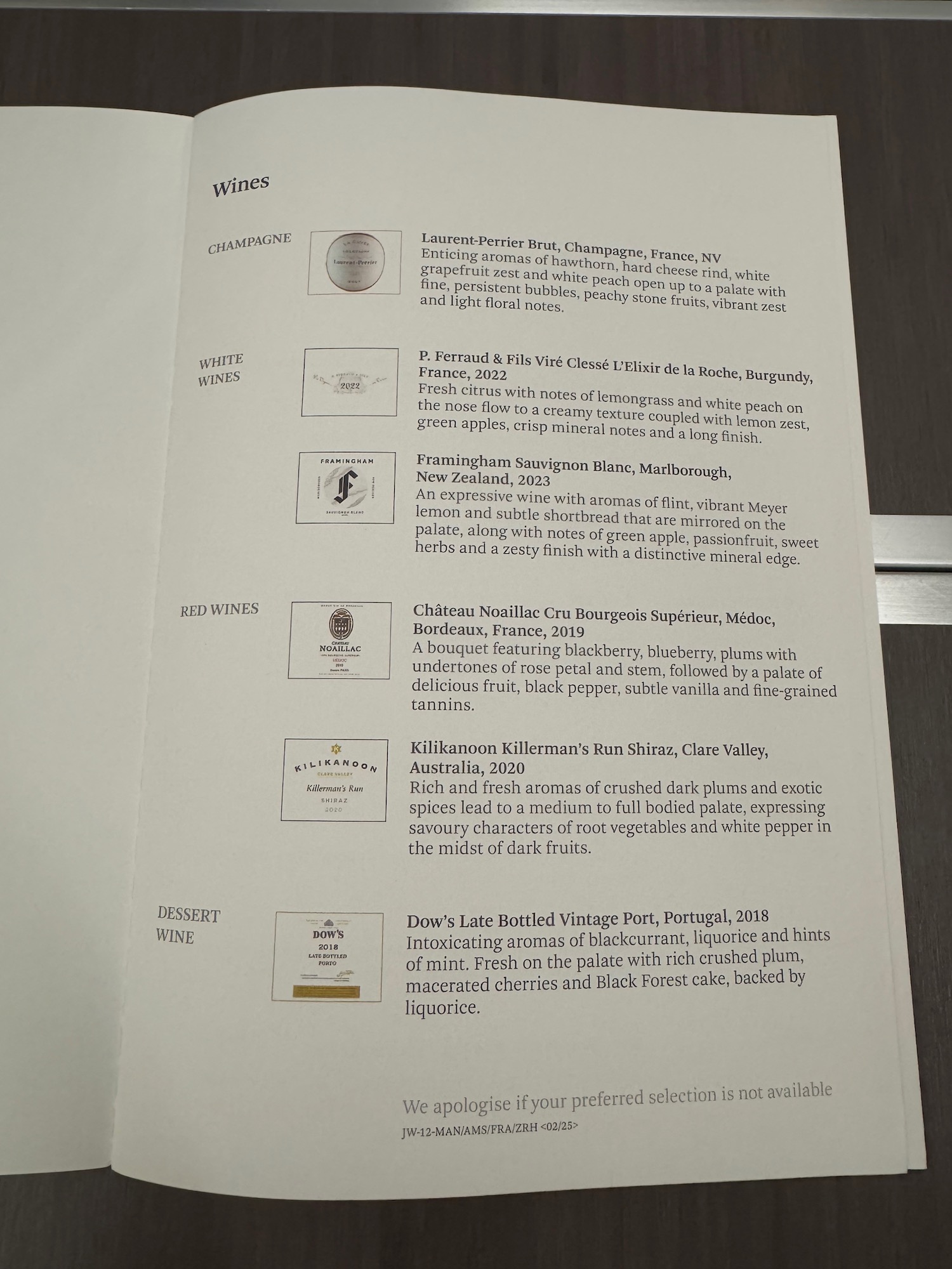 a menu with different types of wine