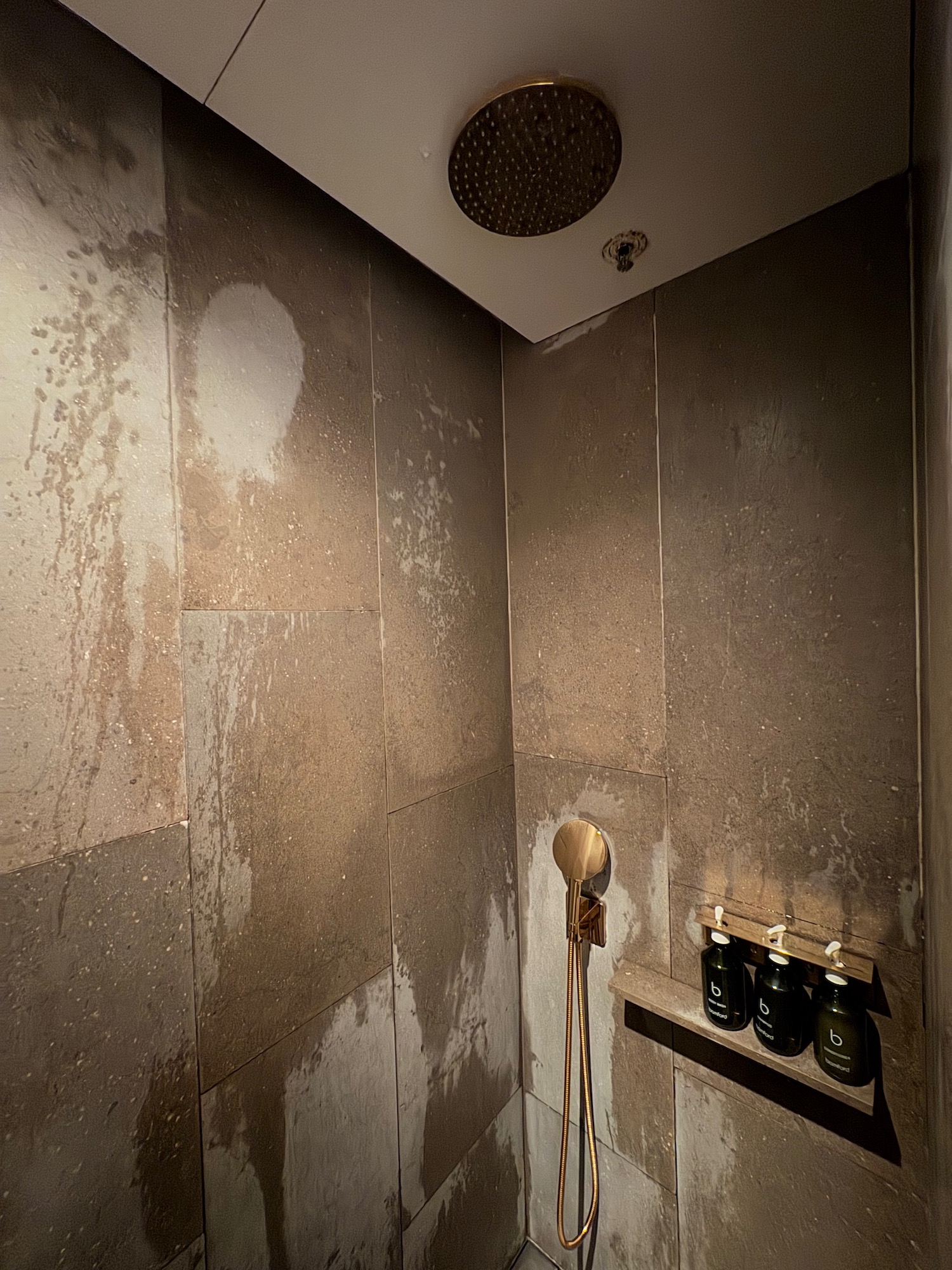 a shower with a shower head and bottles of liquid on a shelf