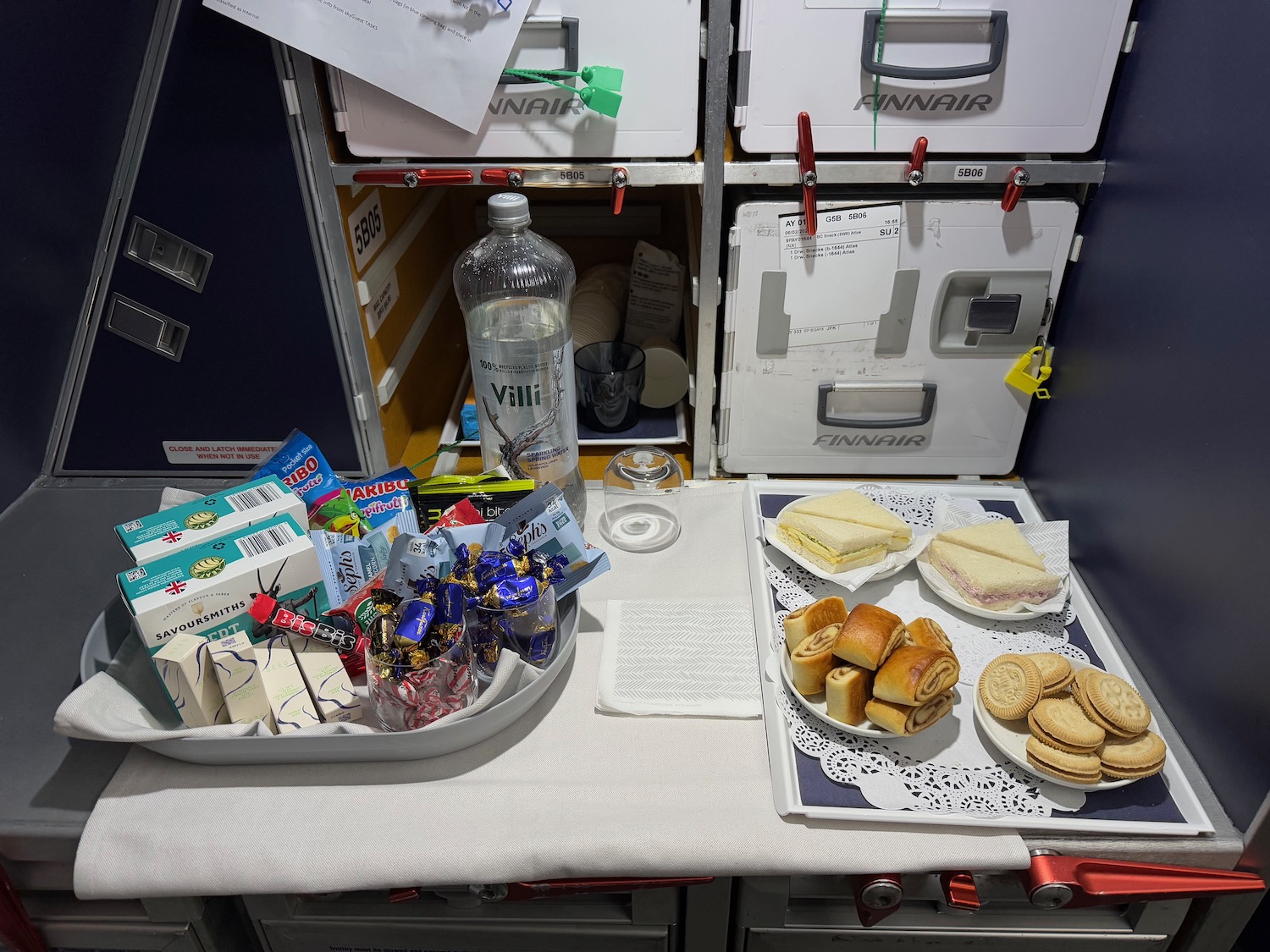 a tray of sandwiches and candy on a table