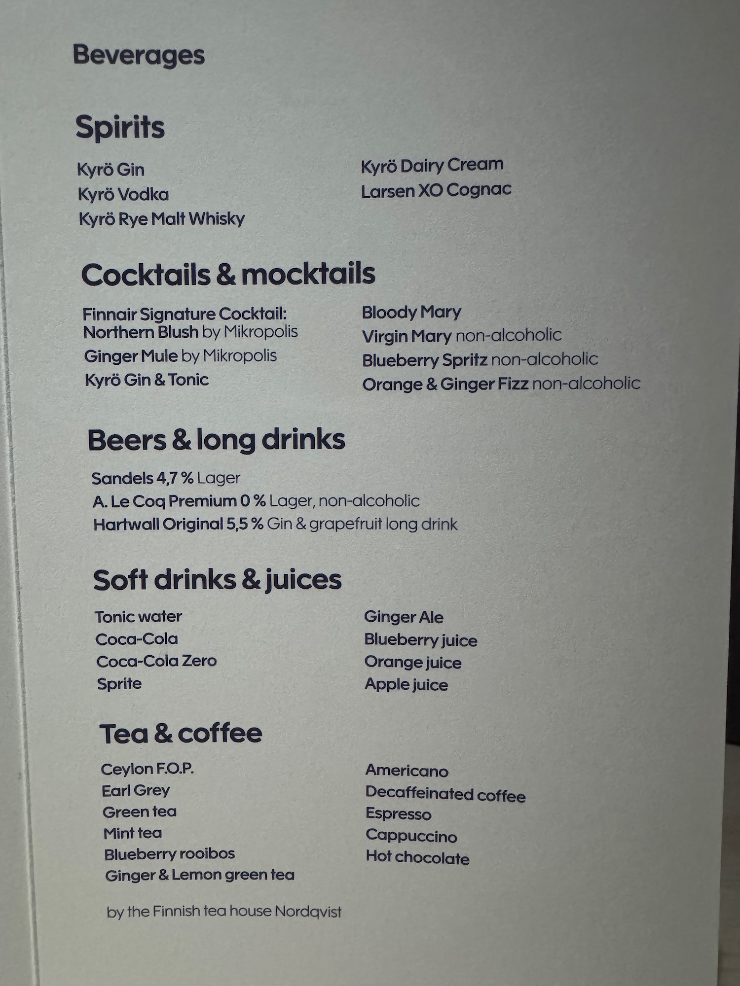 a menu with black text