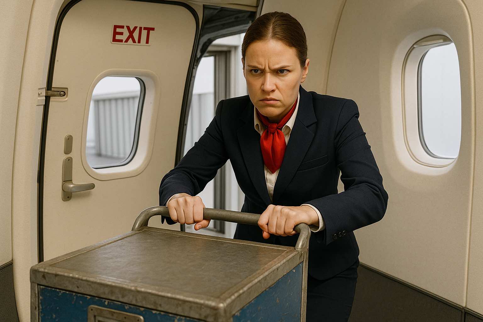a woman in a suit pushing a box