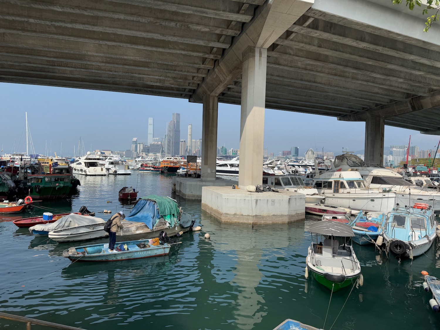 a group of boats in a harbor under a bridge