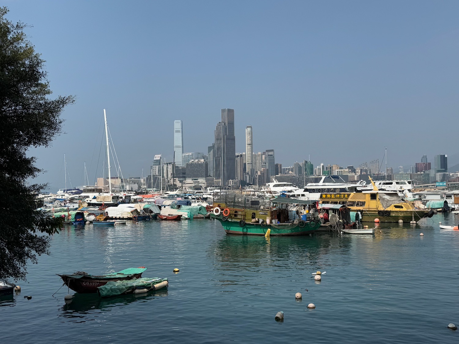 boats in a harbor with boats and buildings in the background