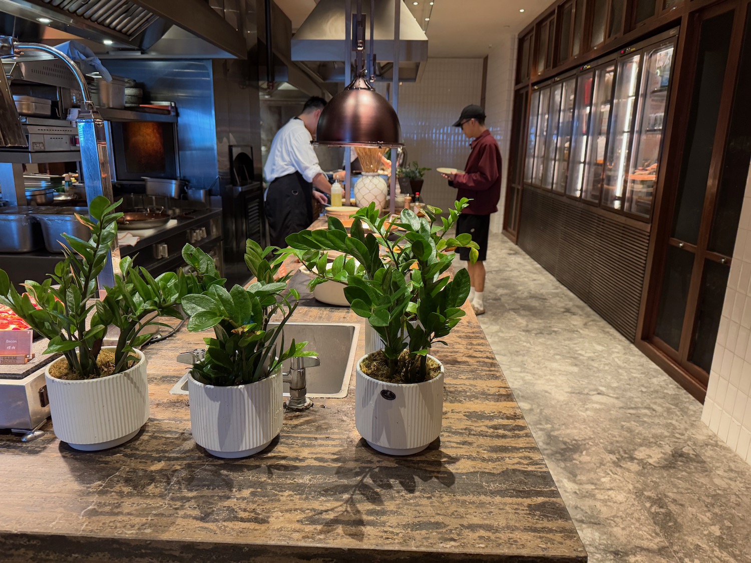 a kitchen with potted plants and people in the background