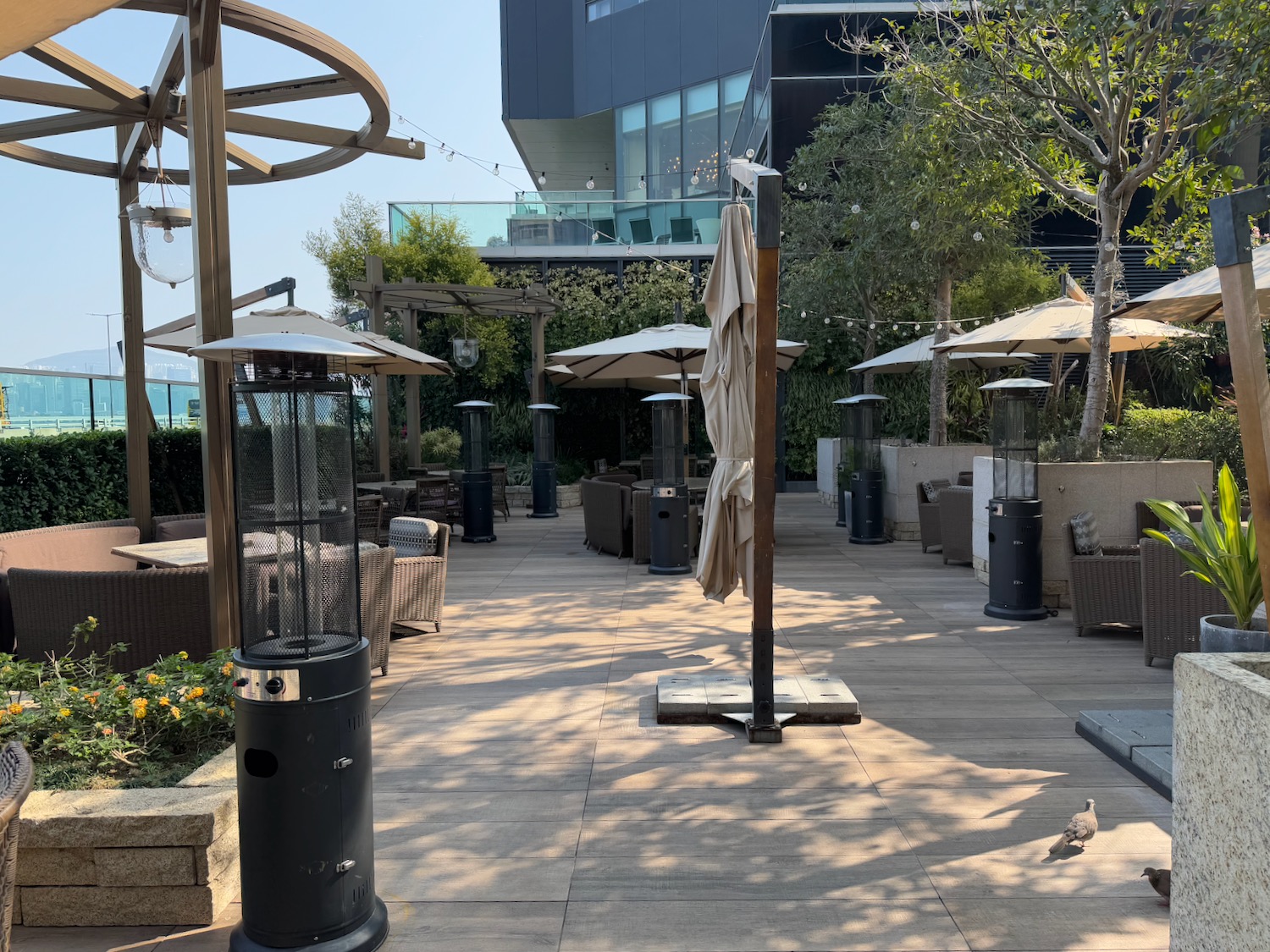 a patio with umbrellas and chairs