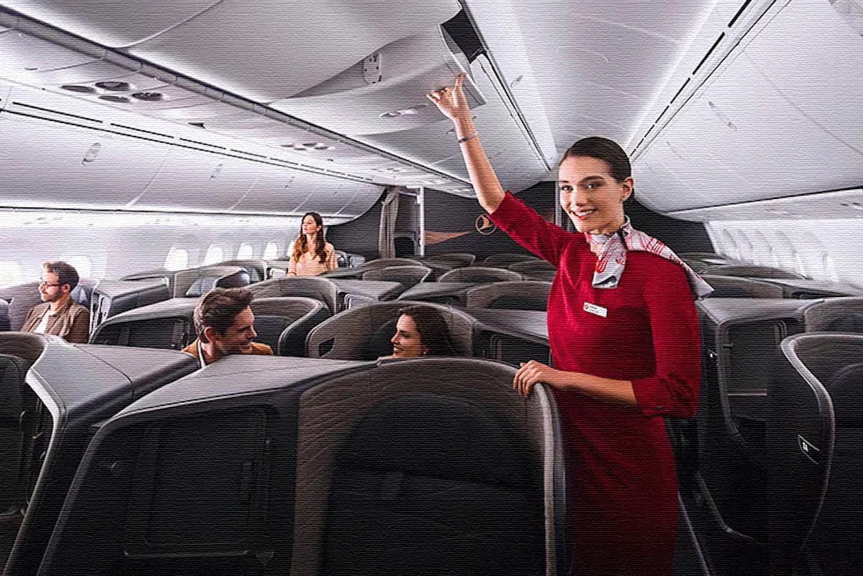a flight attendant pointing at passengers