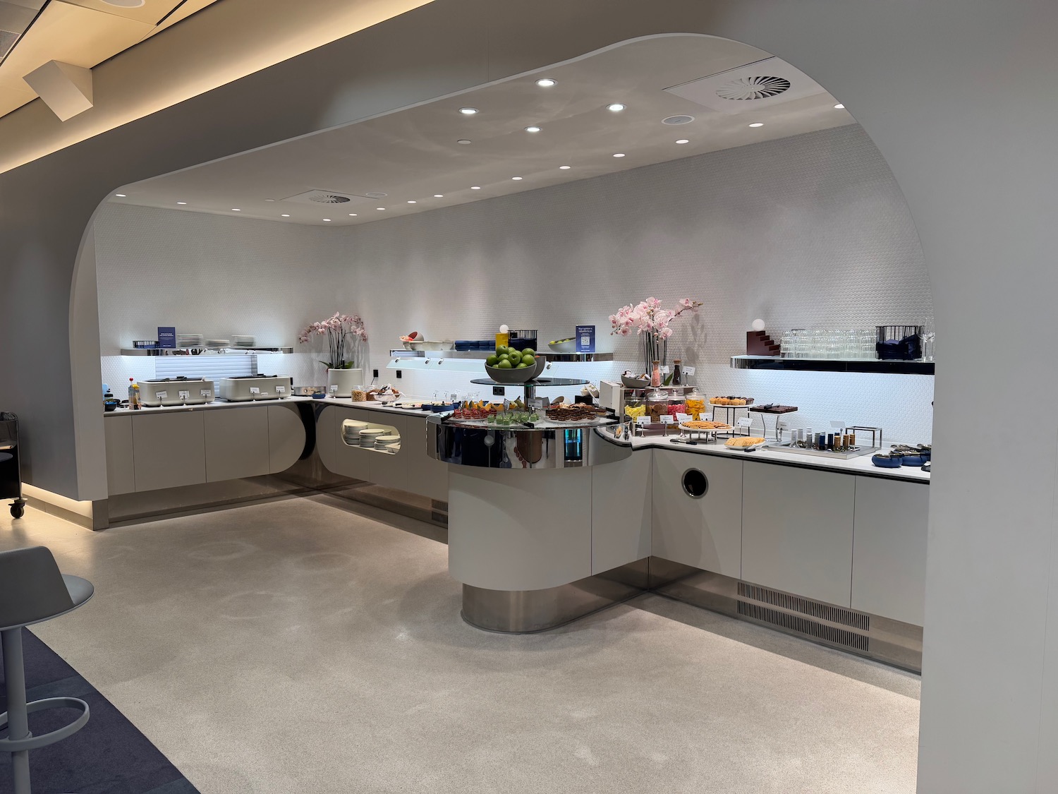 a room with a buffet and a large counter