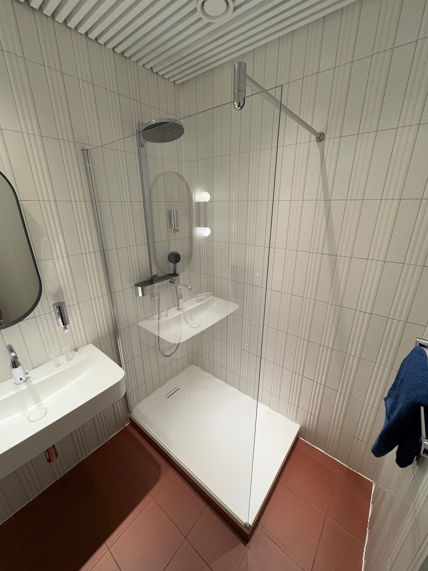 a shower with a sink and a mirror