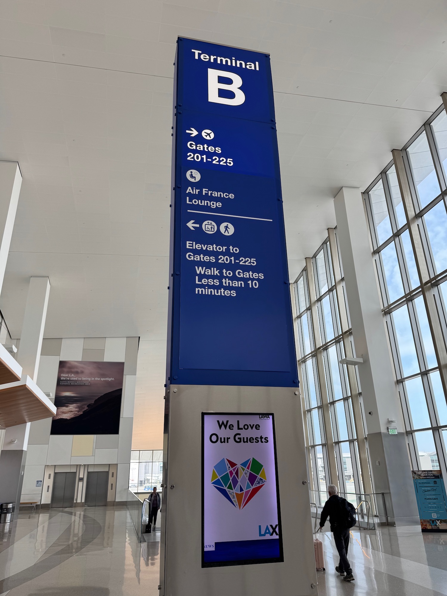 a blue sign in a building