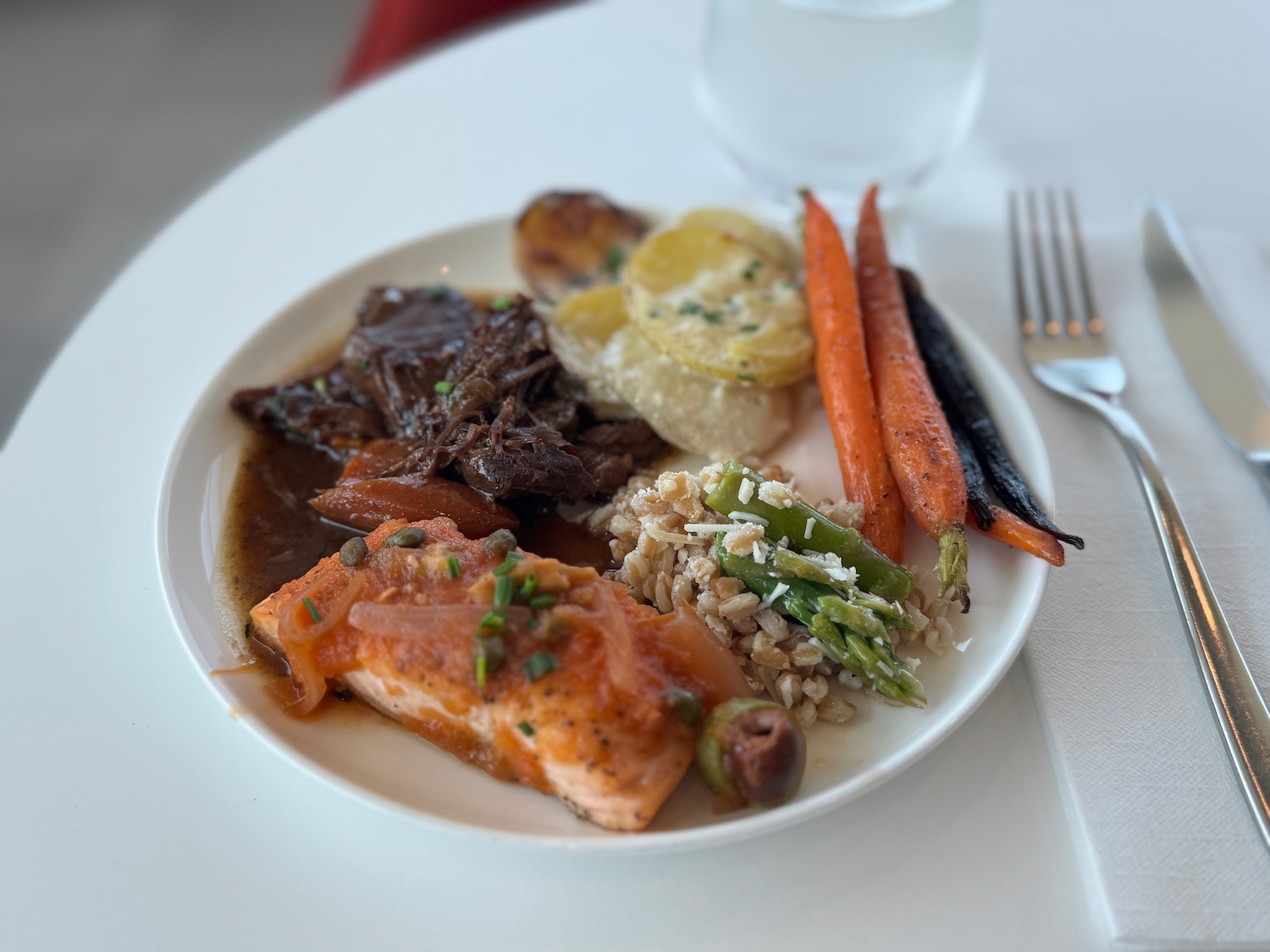 a plate of food with a fork and a glass of water