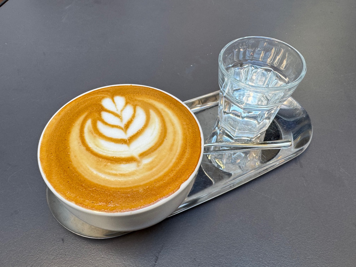 a cup of coffee and a glass of water