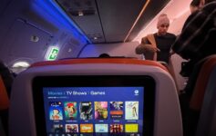 a screen on the back of an airplane