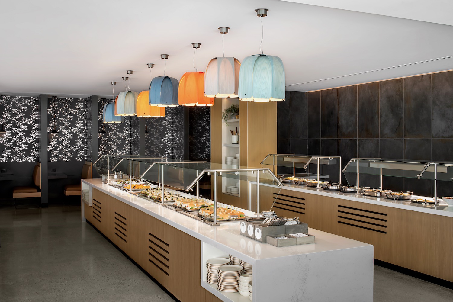 a buffet with food on the counter